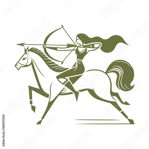 Action scene of traditional warrior shooting bow while galloping, vector