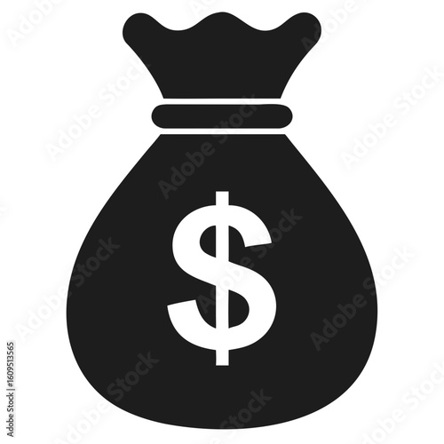 Black silhouette depicting a money bag with dollar sign representing finance and wealth