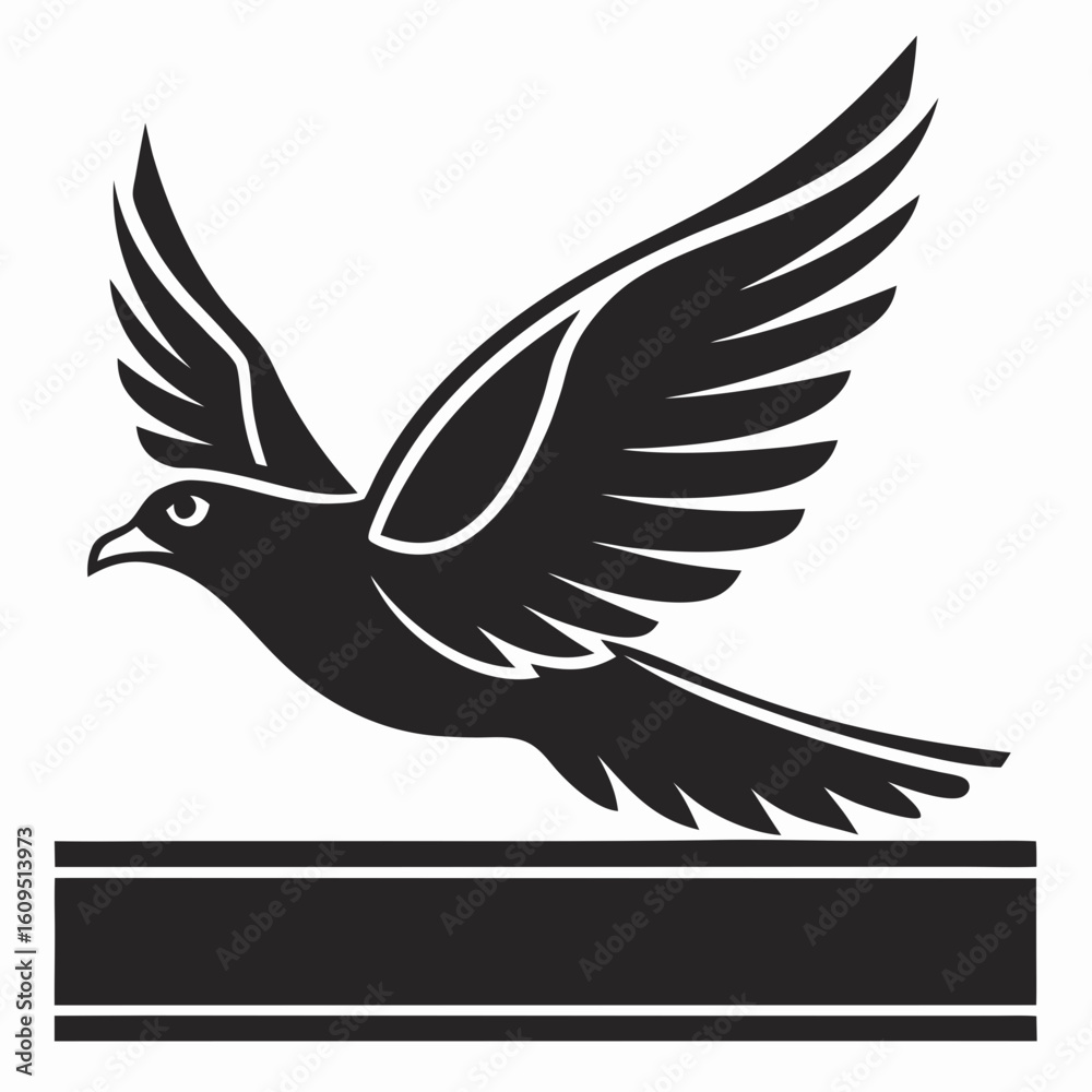 Fototapeta premium Black and white minimalist dove graphic with soaring wings and transparent background ideal for various design applications.
