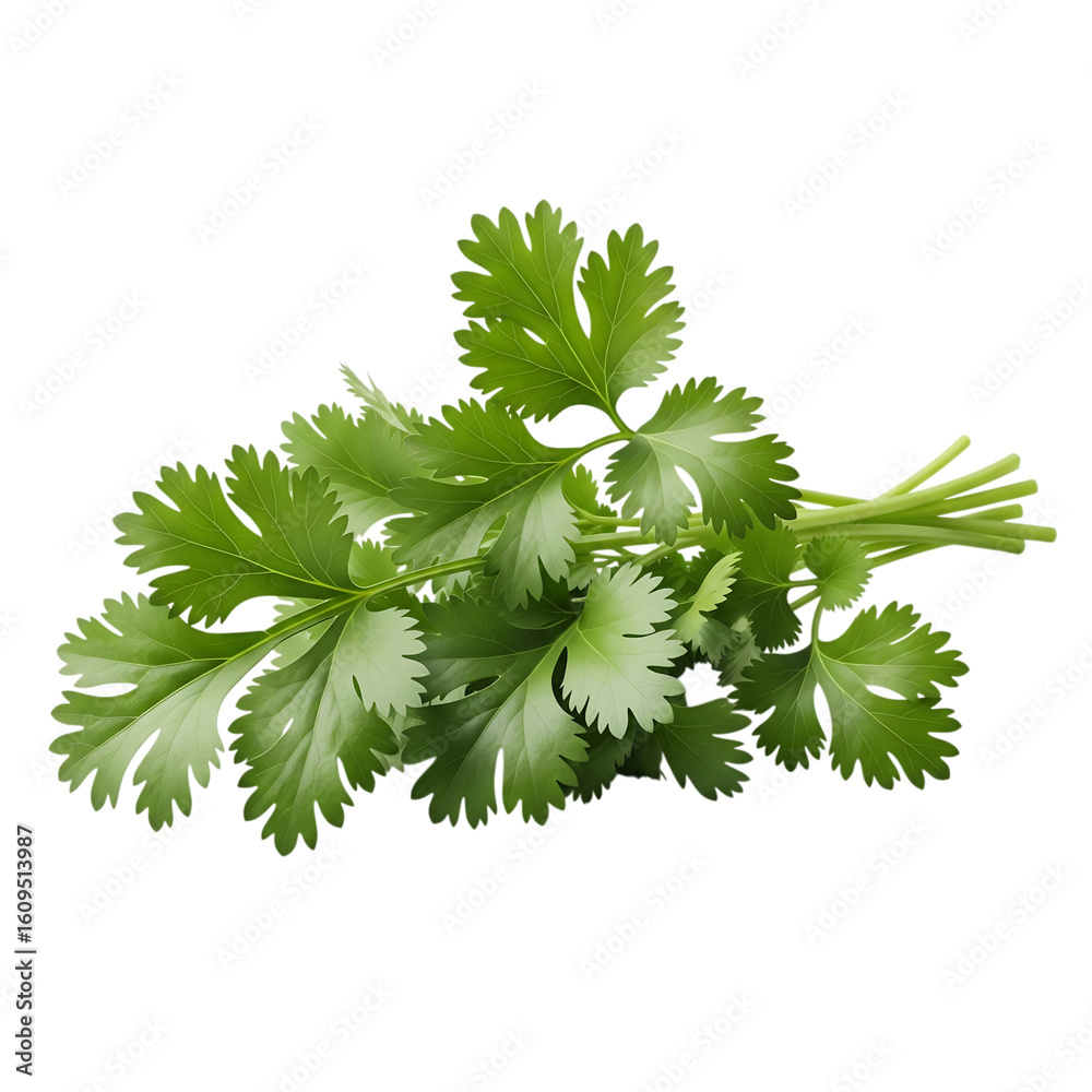 Fototapeta premium Fresh bunch of vibrant green cilantro herb leaves isolated on transparent background