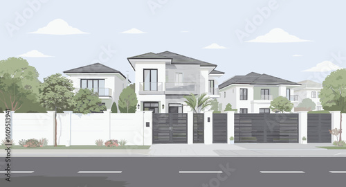 Elegant modern luxury homes with manicured landscaping and secure gates, showcasing suburban architectural beauty and upscale living.