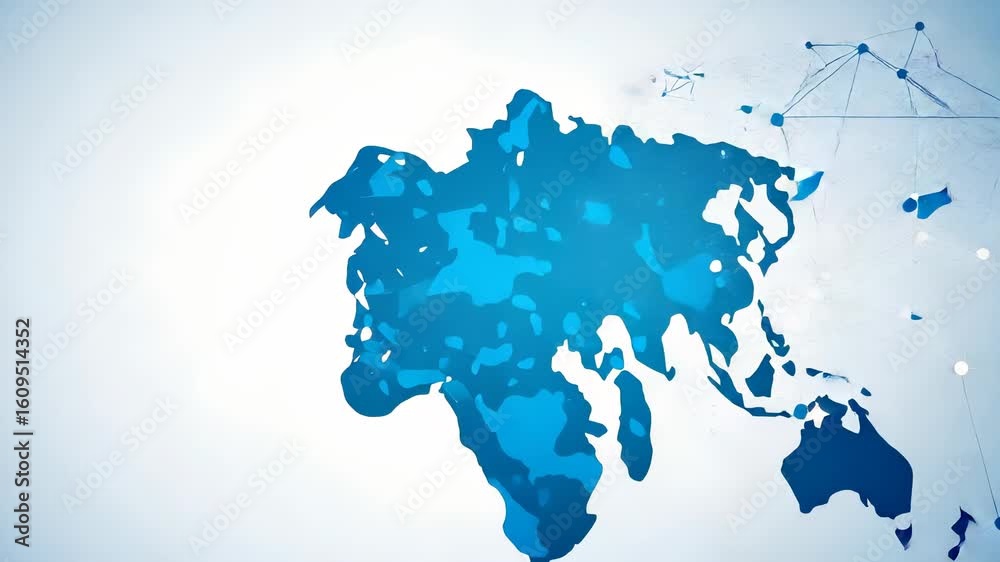 Abstract blue Eurasia map on a white background, featuring network connections and points of light. A modern, minimalist design for global themes