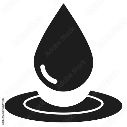 Simple black silhouette of a water drop falling into a pool of water representing purity