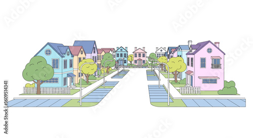 Charming suburban street lined with colorful cartoon houses, trees, and sidewalks creating a peaceful neighborhood scene.