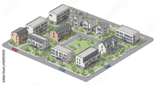 Discover a charming, modern suburban neighborhood with diverse housing styles, green spaces, and quiet streets perfect for real estate concepts.