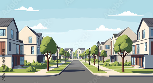 Charming suburban street lined with modern homes, green trees, and lampposts under a clear blue sky