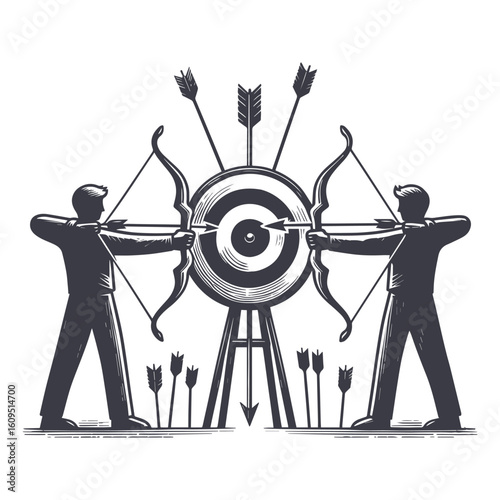 Black and white duel composition of synchronized archers and shared precision, vector