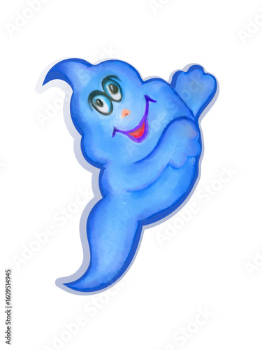 Playful Watercolor  Hand Drawn Halloween Ghost Artworkю Cute blue ghost cartoon character in watercolor style with a happy expression and hand drawn appearance, for Halloween,children’s illustrations