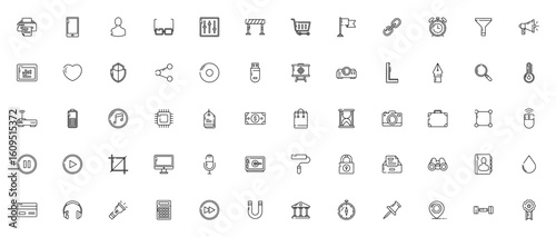 Essentials_4803 icon set. Minimal vector icons pack. Includes symbols for print, phone, user, eyeglasses, shopping, web, security, music, camera and more. Editable stroke.