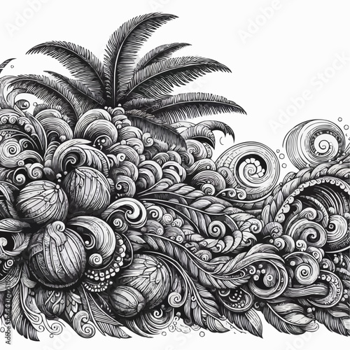 Tropical wave illustration with palm trees and intricate swirling patterns in black and white