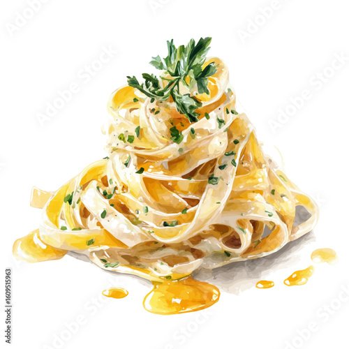 Watercolor vector illustration of Fettuccine Alfredo, isolated on white background.