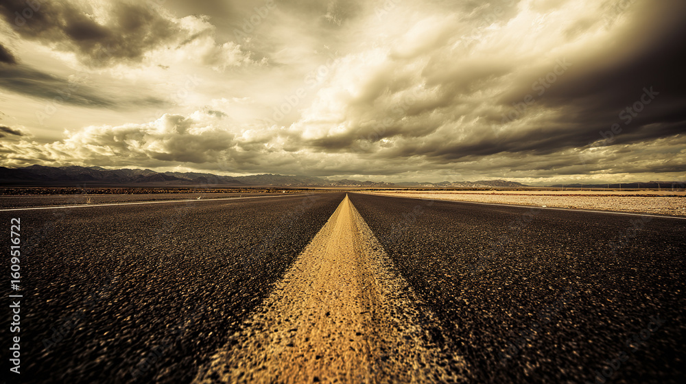 Fototapeta premium A deserted road stretches toward the horizon under dramatic cloudy skies, creating a cinematic mood.