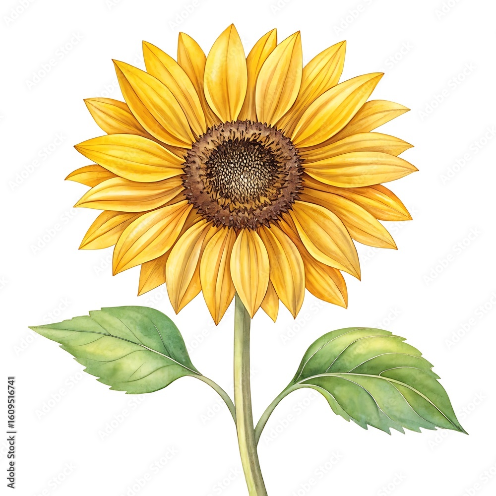 Naklejka premium Beautiful watercolor sunflower with green leaves on white background