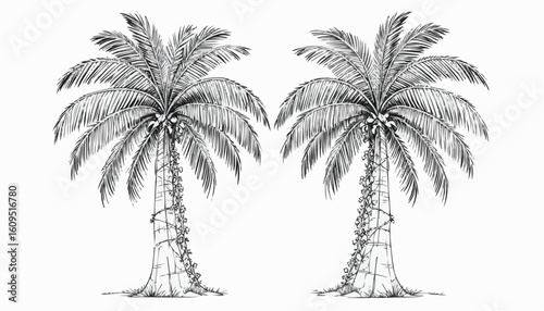Coloring page of two tall palm trees with intricate details
