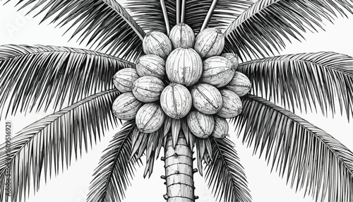 Coloring page of a detailed coconut cluster on a palm tree