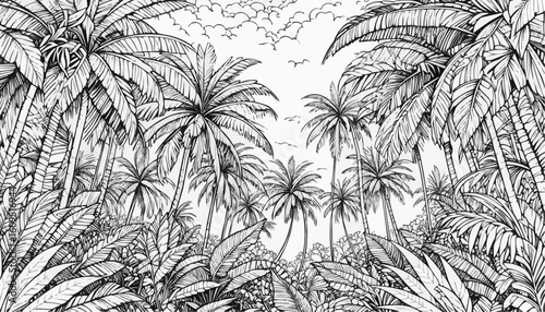 Coloring page of a tropical scene with palm trees and lush vegetation under a cloudy sky