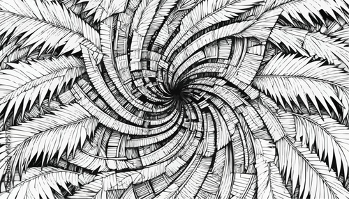 Coloring page of a swirling pattern of palm fronds and textured wood
