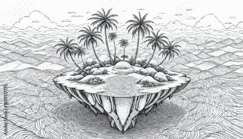 Coloring page of a surreal floating island with palm trees and tropical landscape
