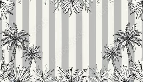 Coloring page of a tropical palm tree pattern with striped background
