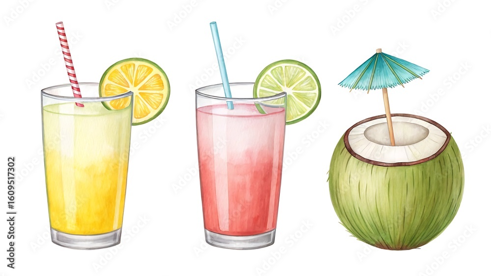 Fototapeta premium Three refreshing tropical drinks with lime and umbrella