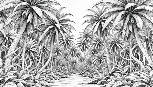 Coloring page of a tranquil jungle scene with palm trees lining a serene waterway
