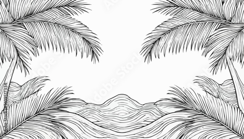 Coloring page of palm trees framing a tropical landscape with waves and hills