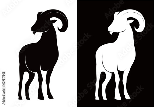 silhouette of a brave and gallant ram isolated on a white and black background. vector illustration of a brave and gallant ram