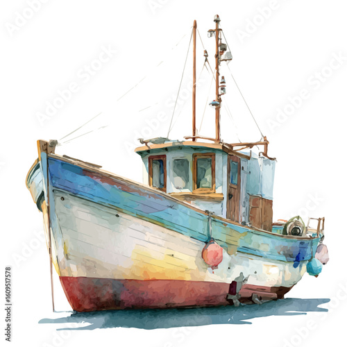 Fishing Boat, watercolor painting, vector illustration, isolated on a white background.