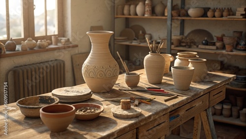 Ceramic pottery workshop with various unglazed clay vessels and tools on rustic table, artisan craft concept