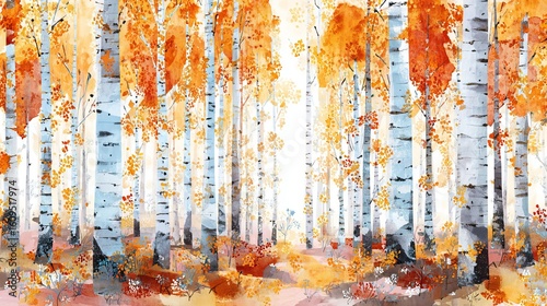 Peaceful watercolor landscape of birch trees in a quiet forest during late autumn or early winter. Gentle natural tones and seasonal woodland mood ideal for background or decorative concept