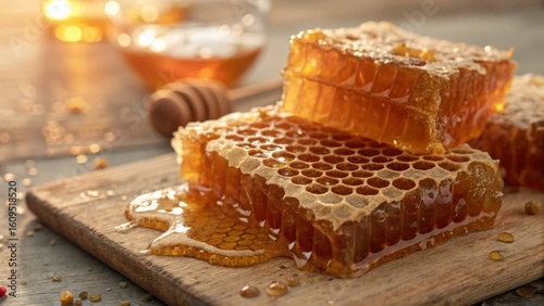 Raw natural honeycomb slices on wooden board with honey dipper and jar, healthy food concept