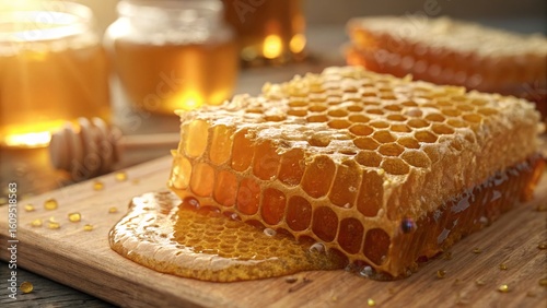 Raw natural honeycomb with jars of honey on wooden board, healthy food concept