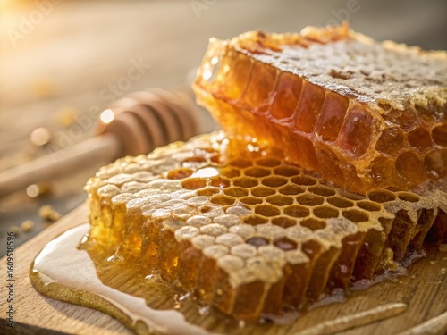 Raw natural honeycomb on wooden board with honey dipper, healthy food concept