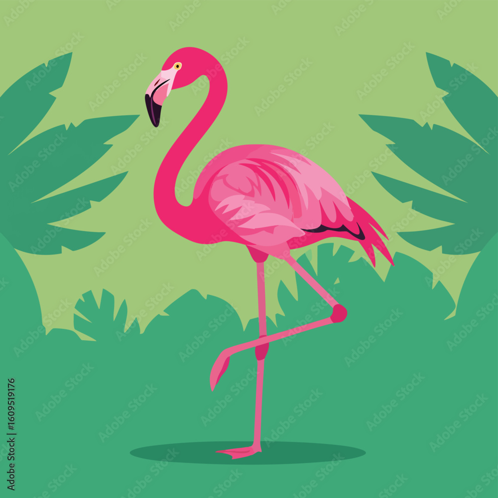 Fototapeta premium Vibrant Pink Flamingo Standing on One Leg in Tropical Setting.