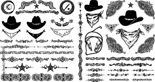 A large collection of old western design elements, embellishment, borders and divider lines.