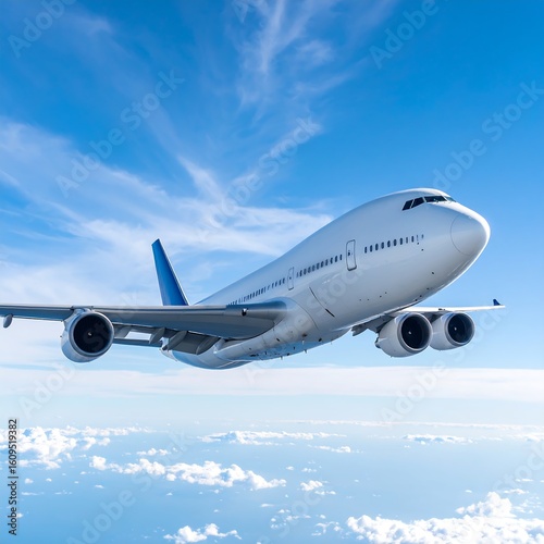 Airplane in flight over clouds