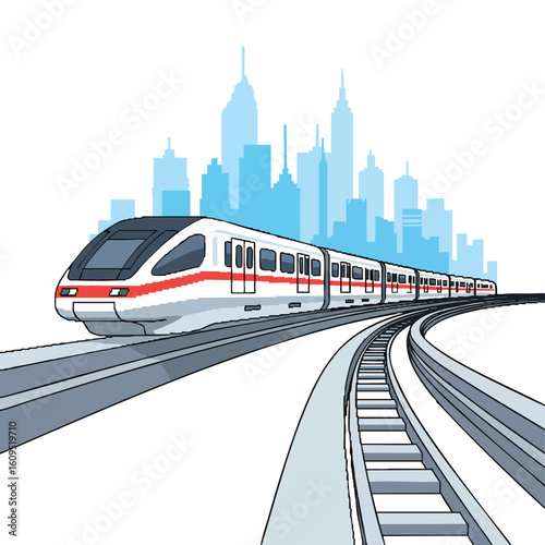 Modern white and red train on tracks with city skyline background.