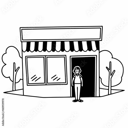 Outline drawing of a local shop or small business storefront, with signboard, open door, and friendly owner standing outside, clean minimal line art