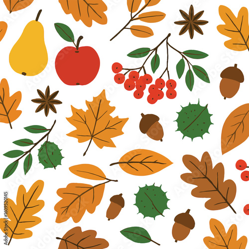 Autumn harvest fruits leaves and nuts pattern vector