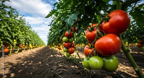 Ripe red and green tomatoes growing on vines in a field image