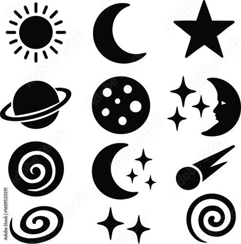 Celestial bodies and cosmic phenomena icons crescent star