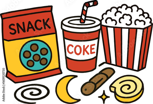 Red drink popcorn snack bag and moon coke