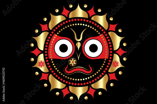 Lord Jagannath, Hindu supreme god of the Universe, sun motif. Rathyatra Festival, Jagannatha idol Perfect for spiritual, cultural or devotional artwork and decor Indian traditions, vector isolated
