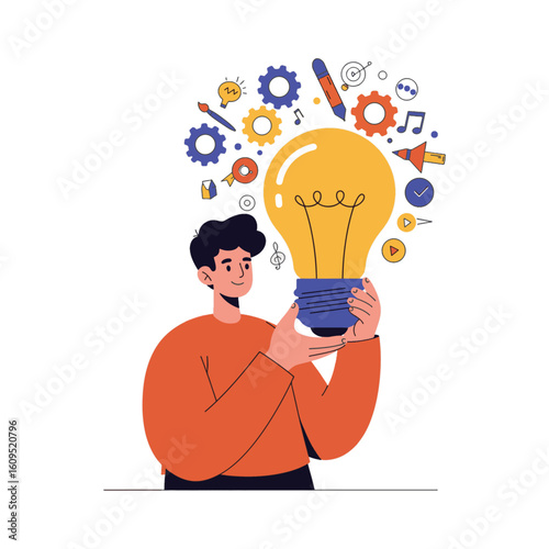 Man showing innovative idea with gear and tech icons