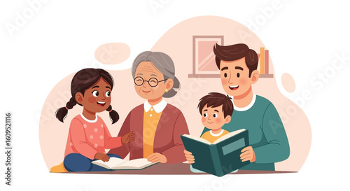 Happy multigenerational family reading books together. Perfect for websites, blogs, or children's books promoting family bonding and literacy.