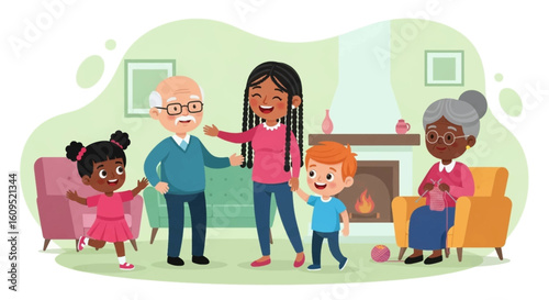 Happy multigenerational family gathering at home, perfect for family, togetherness, and generational themes.