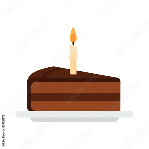Slice of layered chocolate birthday cake with a single lit candle on a plate.