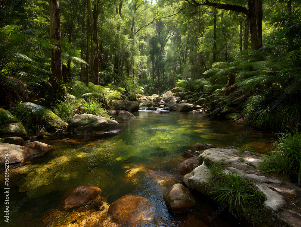Obraz premium Explore Nature's Hidden Gem: Tranquil Forest Water Stream with Serene Greenery and Scenic Rock Reflections