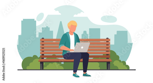 Young man working on laptop in city park - perfect for website banners or blog posts about remote work, freelancing, or city life.