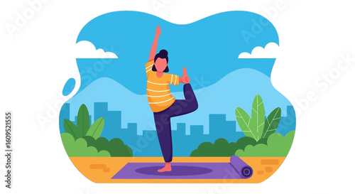 Woman doing yoga outdoors in a city park, perfect for wellness websites or brochures.